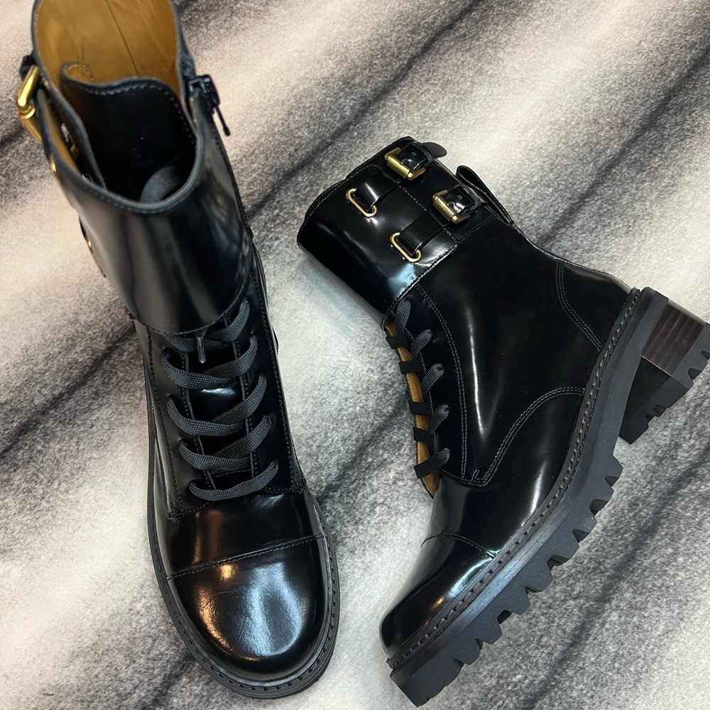 { Chloe } Mallory Lace Up Leather Black Combat Boots